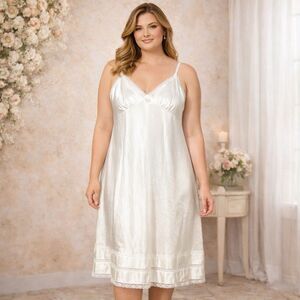 Vintage Sears Romantic White Satin Slip Dress Women Small Nightgown Lace Trim